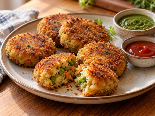 Crisp potato and vegetable cutlets with green chutney