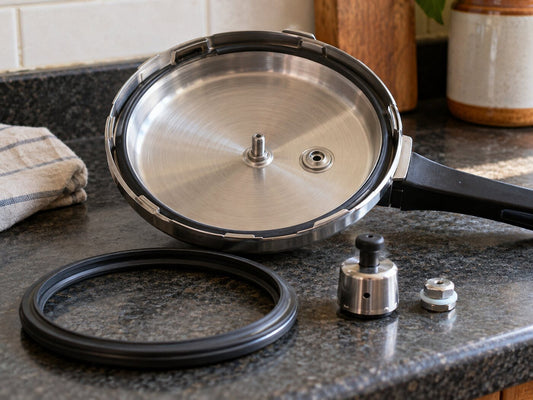 A pressure cooker lid with its gasket, whistle and safety valve laid out beside it