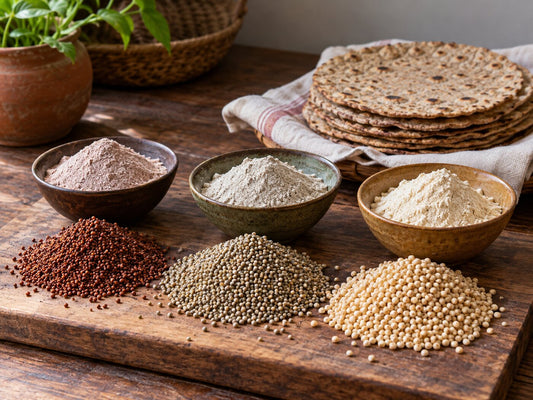 Ragi, bajra and jowar grains with their flours and a stack of millet rotis