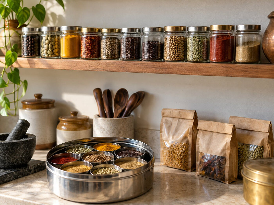 A narrow shelf of small spice jars above a steel spice tin in a small kitchen