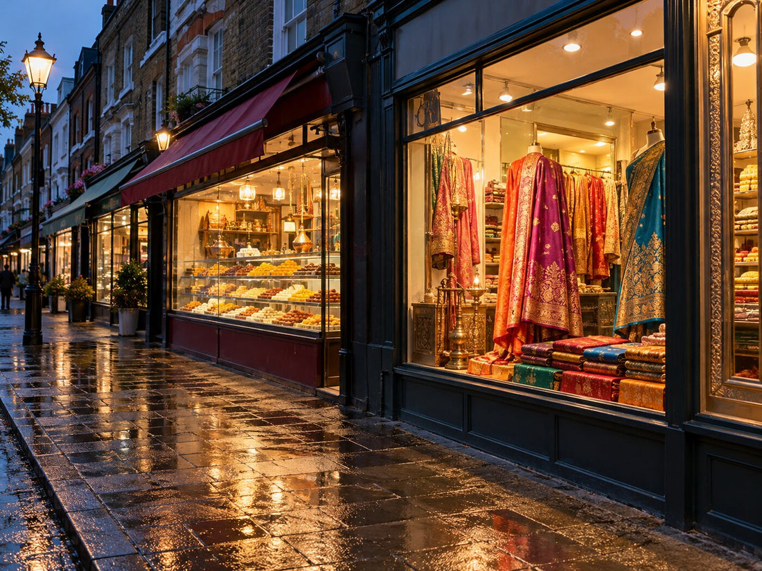A lit sari shop window and a sweet shop window on a London high street at dusk