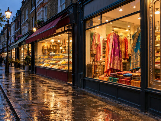 A lit sari shop window and a sweet shop window on a London high street at dusk