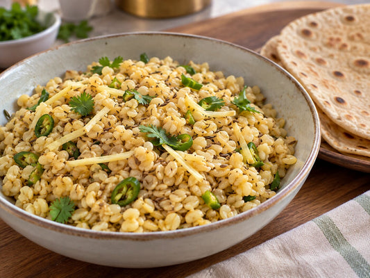 Dry-style urad dal with ginger and cumin, roti beside it