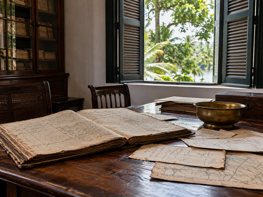 Faded registers and papers on an archive table by a shuttered tropical window
