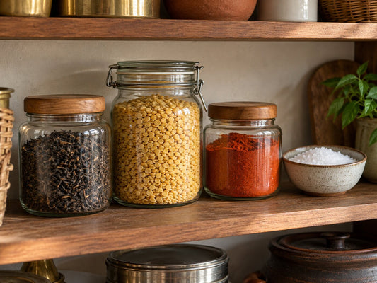 Plain jars of tea, dal, chilli powder and salt arranged together on a pantry shelf