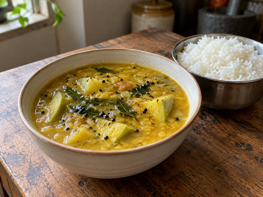 Bowl of yellow toor dal with chunks of green mango and a mustard seed and curry leaf tempering, steel bowl of rice beside it