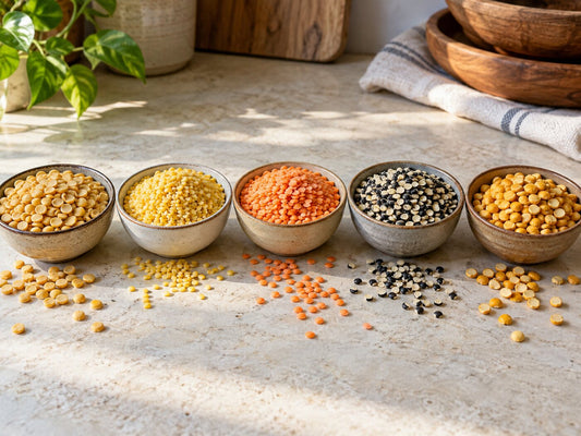 Five bowls of raw toor, moong, masoor, urad and chana dal in a row