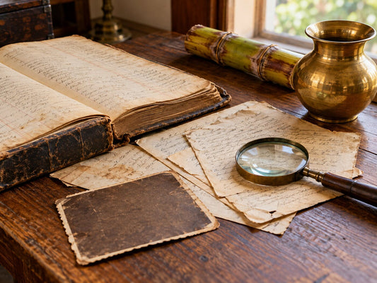 Old ledgers and documents with a magnifying glass, a sugarcane stalk and a brass lota on a desk