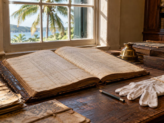 An open leather-bound register on an archive table with cotton gloves and a pencil