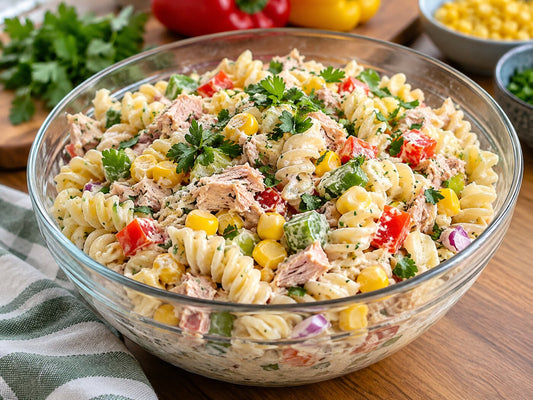 A tuna, sweetcorn and pepper pasta salad in a glass bowl