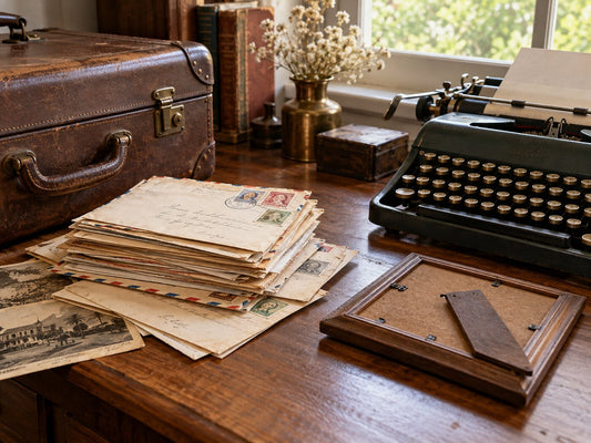A 1960s suitcase, a stack of old letters and a typewriter on a wooden desk