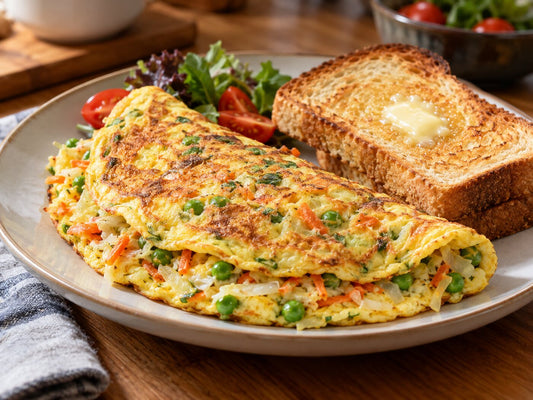 A vegetable omelette with peas, carrot and cabbage beside toast