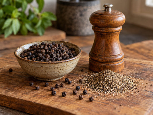 Whole black peppercorns, a pepper mill and freshly ground pepper on a wooden board