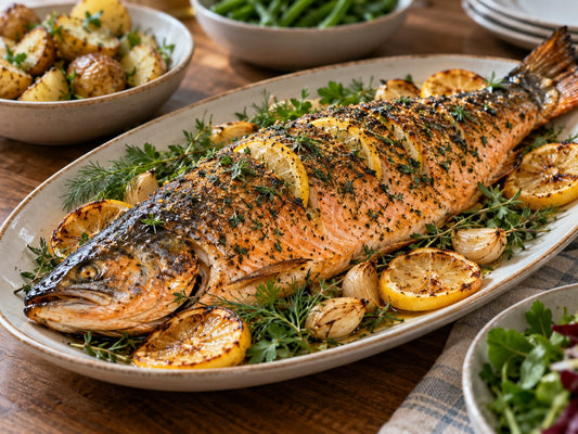 A whole baked salmon with herbs and browned lemon on a platter
