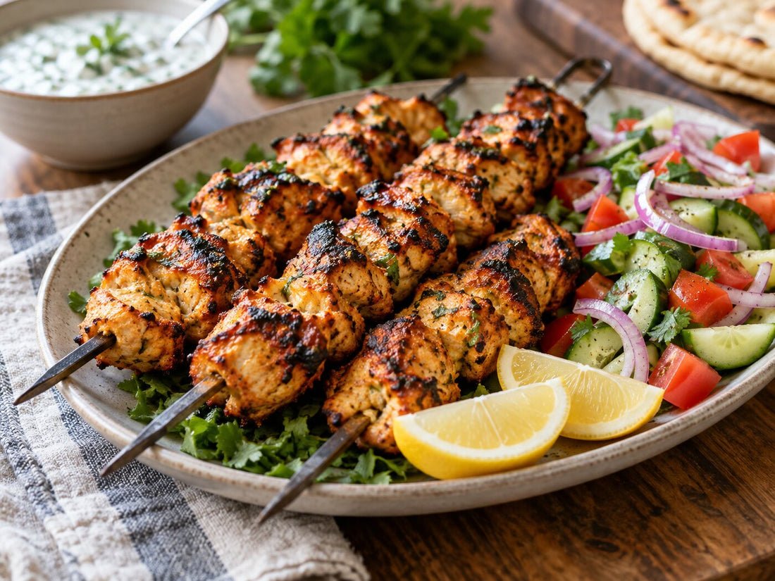 Chicken tikka skewers with a cucumber salad and lemon