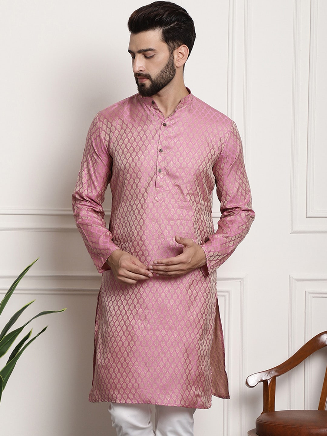 Sojanya Men Pink & Beige Ethnic Motifs Jacquard Woven Design Straight Kurta