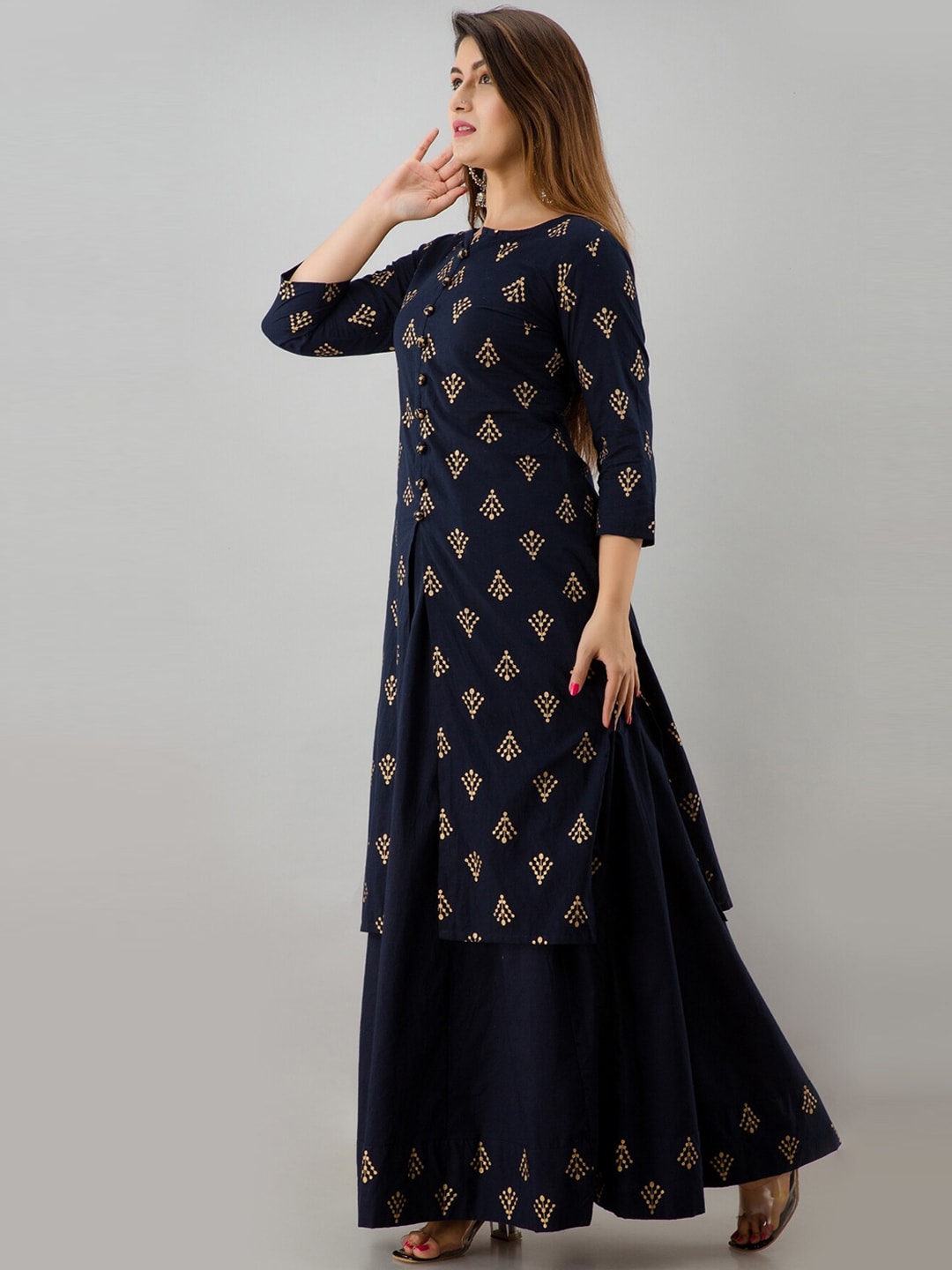 HERE&NOW Navy Blue & Gold-Toned Ethnic Motifs Printed Kurta with Skirt