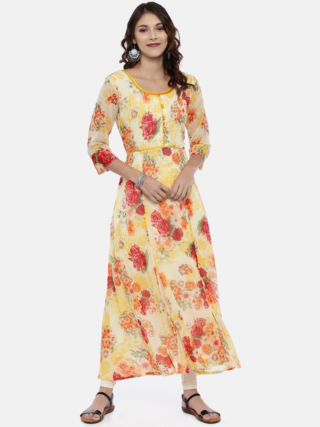 Souchii Yellow Printed A-Line Kurta