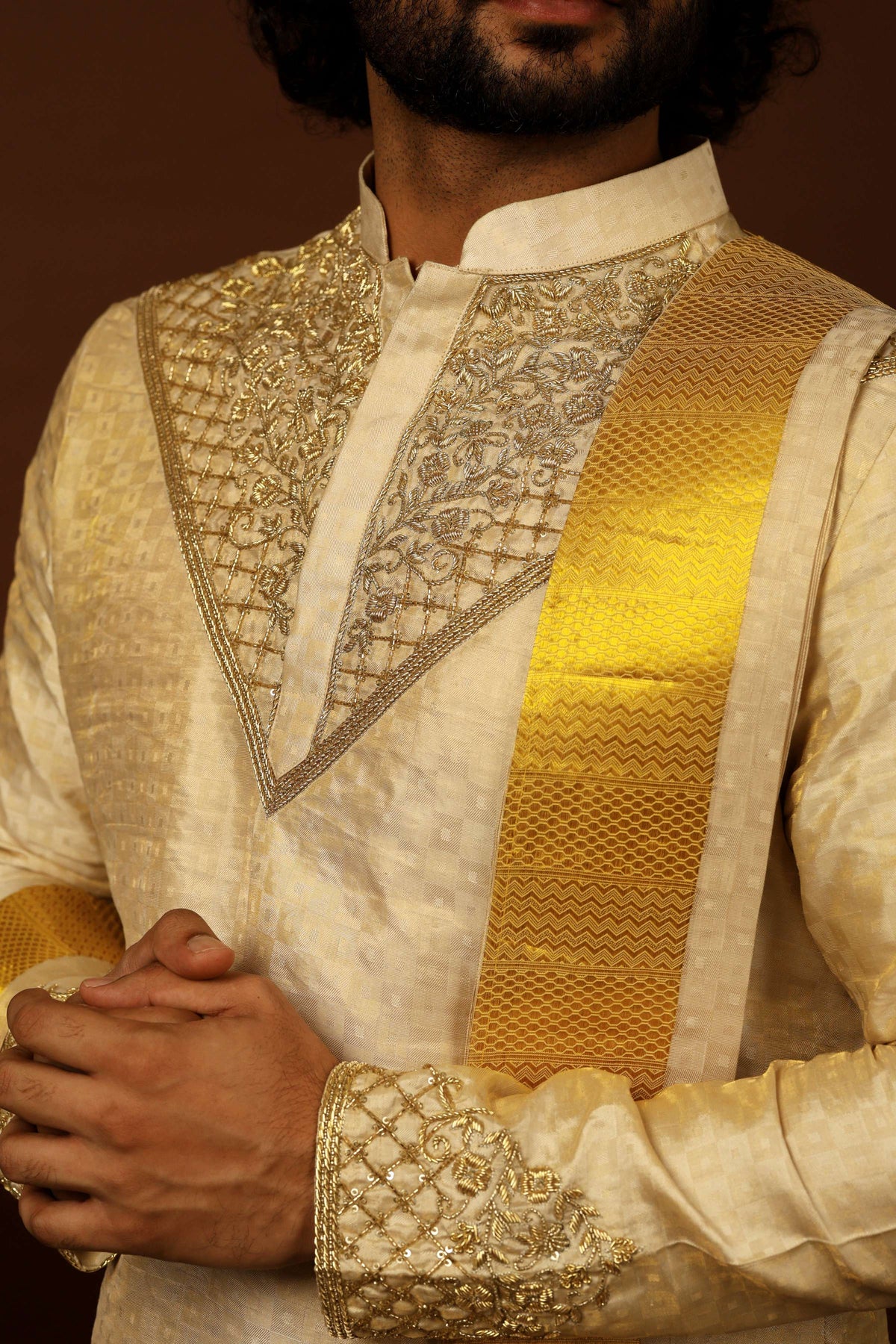 Kanjivaram Gold Textured Tissue Embroidered Pattu Opulence Kurta Set by Hilo Design