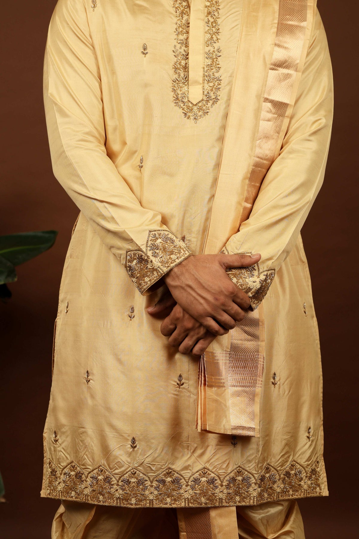 Kanjivaram Rose Gold Hand Emboirdered Pattu Kurta Set by Hilo Design