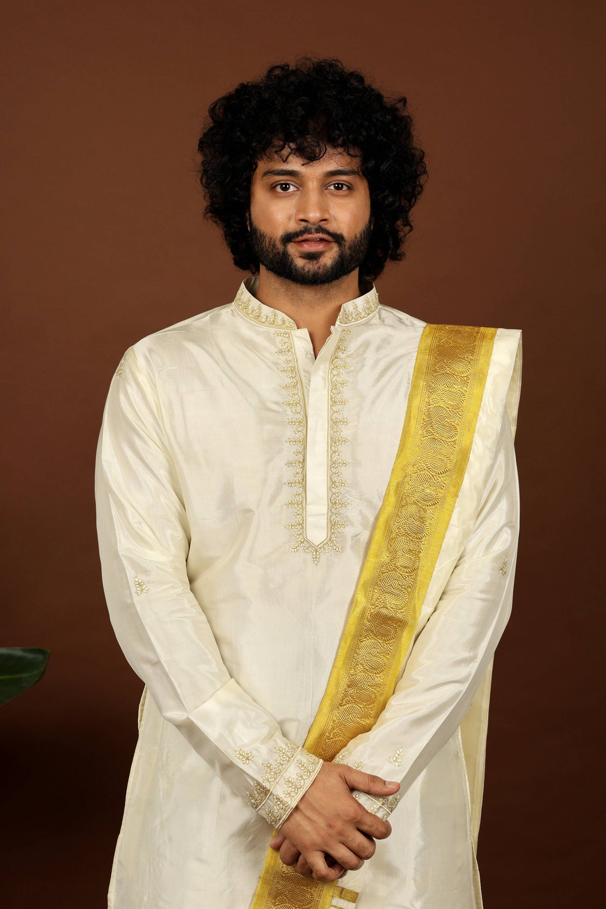 Kanjivaram Rose Gold Hand Emboirdered Pattu Kurta Set by Hilo Design