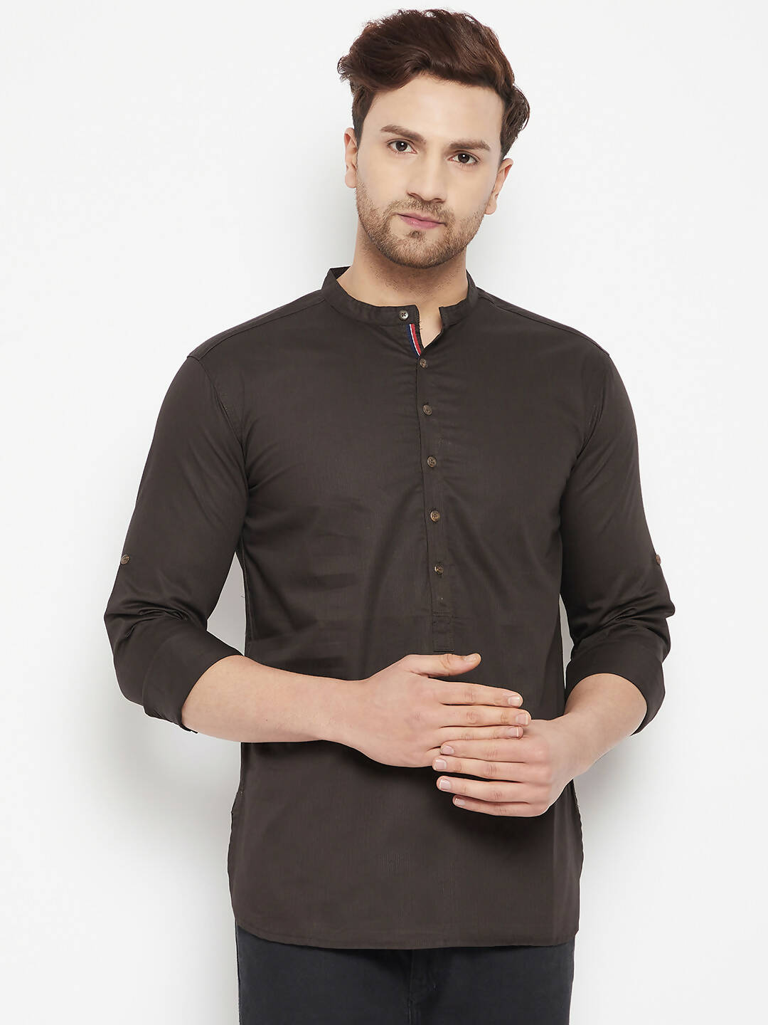 Even Apparels Brown Pure Cotton short Men's Kurta With Band Collar