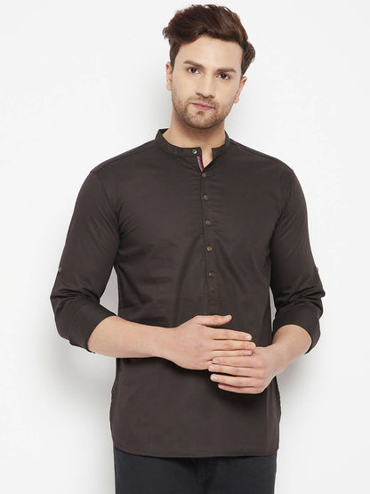 Even Apparels Brown Pure Cotton short Men's Kurta With Band Collar