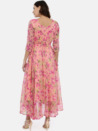 Souchii Women Pink & Yellow Floral Printed Fit & Flare Dress