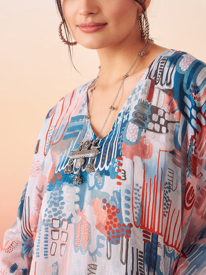 InWeave Women's Powder Blue Digital Print Kaftan Boho Top