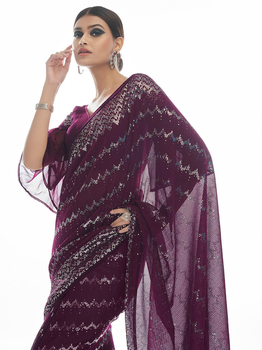 Myra Wine Georgette Embroidered Designer Saree