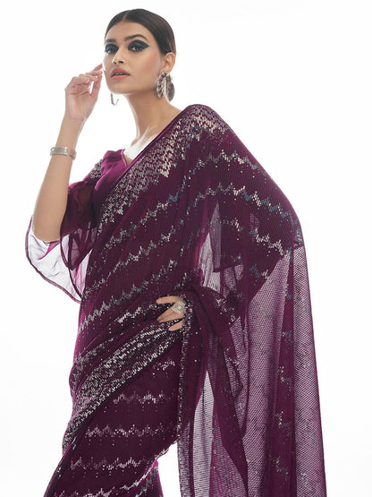 Myra Wine Georgette Embroidered Designer Saree