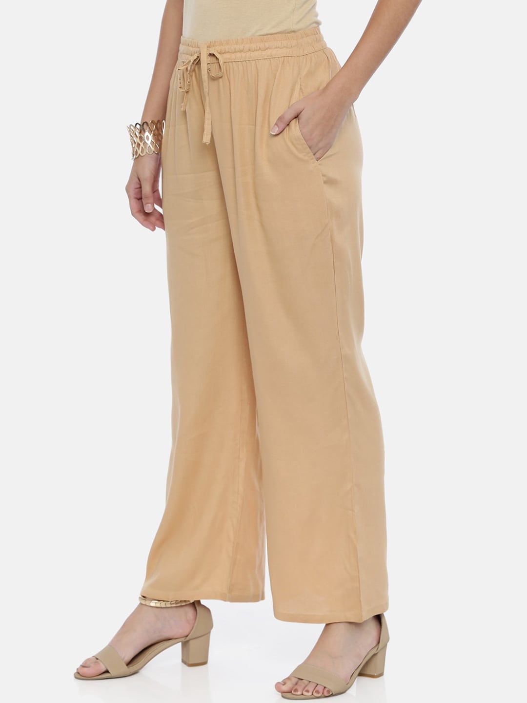 Souchii Beige Solid Flared Palazzos