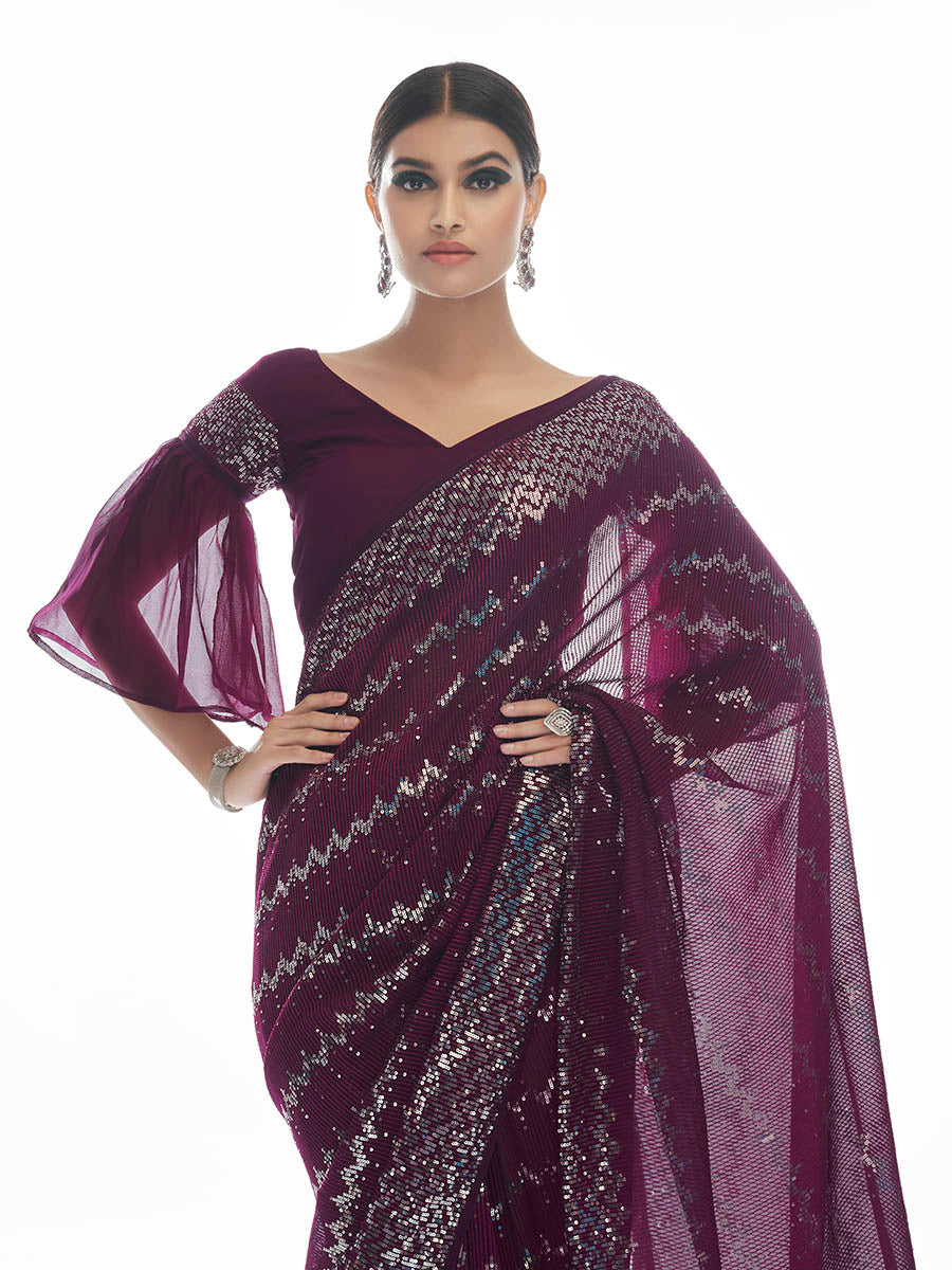 Myra Wine Georgette Embroidered Designer Saree