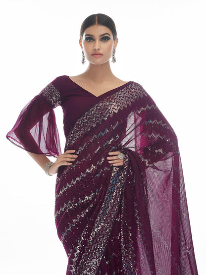 Myra Wine Georgette Embroidered Designer Saree