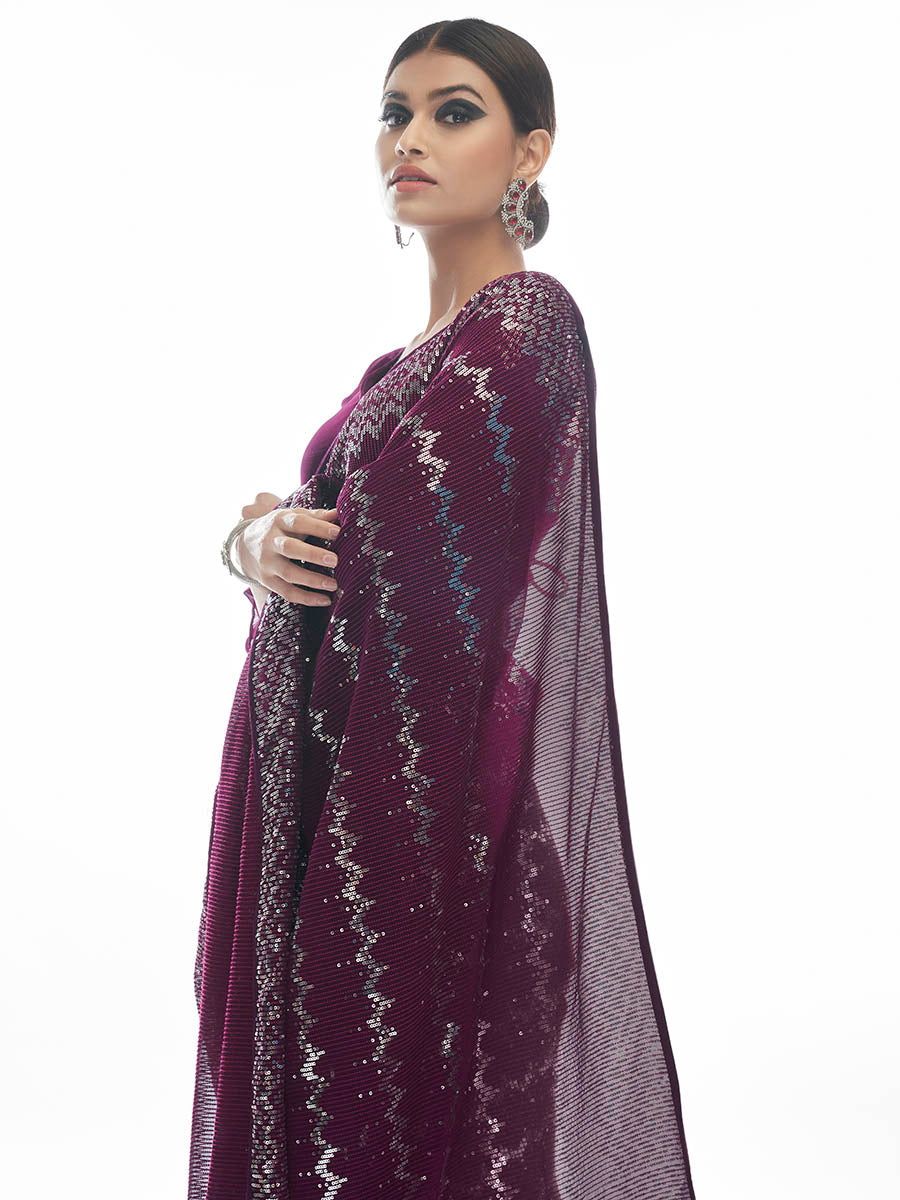 Myra Wine Georgette Embroidered Designer Saree