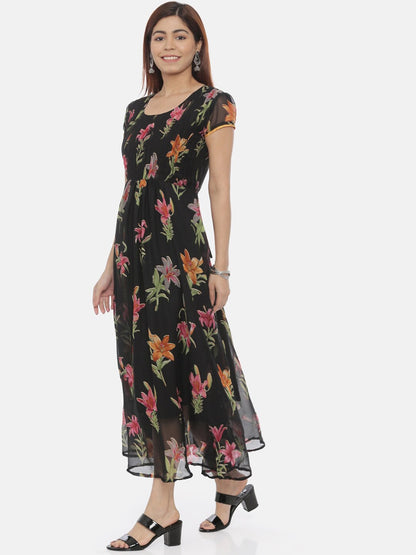 Souchii Women Black Printed Fit and Flare Dress
