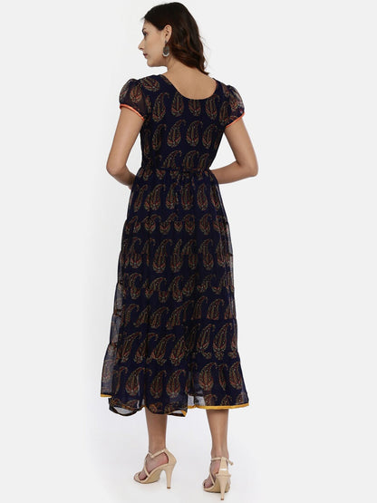 Souchii Navy Blue Printed Fit and Flare Dress