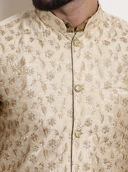 Sojanya Woven Design Mandarin Collar Kurta with Churidar & Nehru Jacket