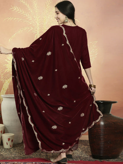 Jyoti Fashion Women's Maroon Velvet Cording with Resham Thread & Sequin Kurta with Trouser & Dupatta