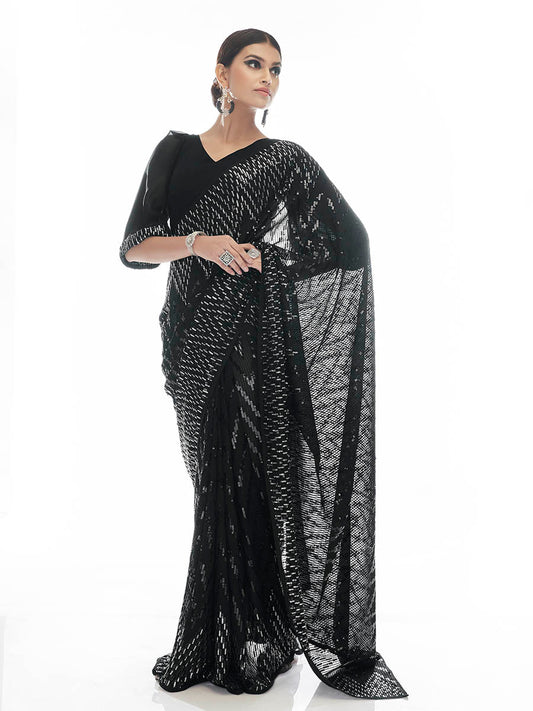 Myra Black Georgette Embroidered Designer  Saree
