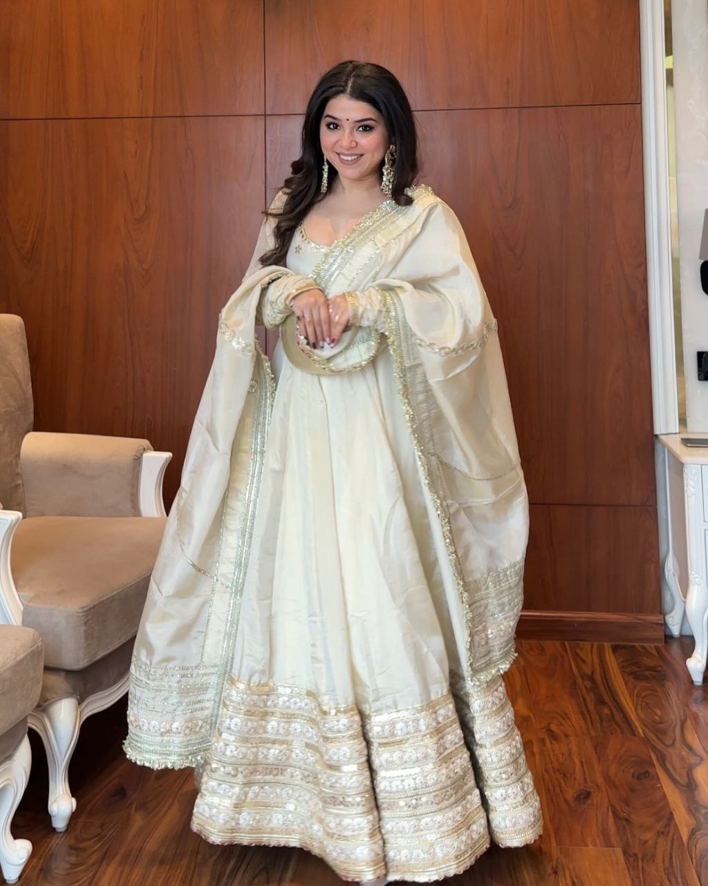Yash Enterprise Of White Chinon Silk With Embroidery Zari Sequins-Work