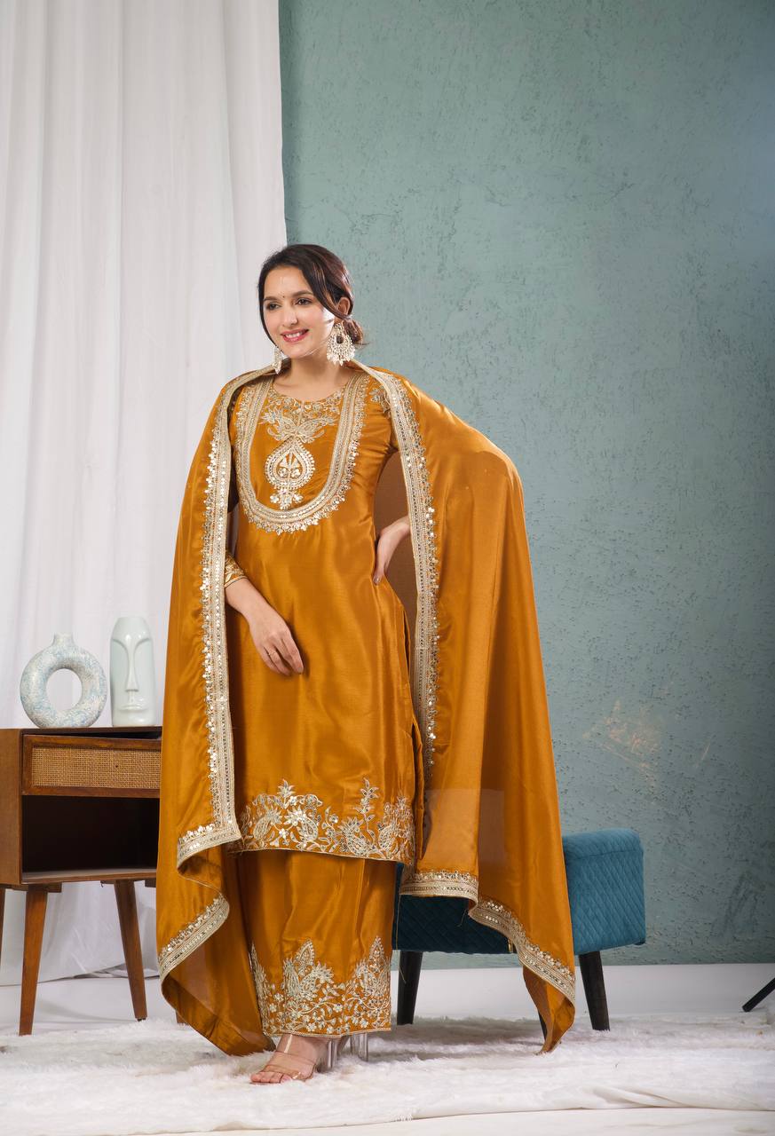 Yash Enterprise Gold Chinnon Silk Embroidery Party Wear Suit Set