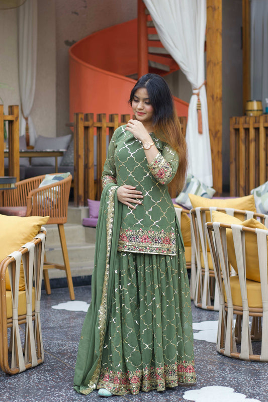 Yash Enterprise Green Georgette Embroidery Party Wear Suit Set