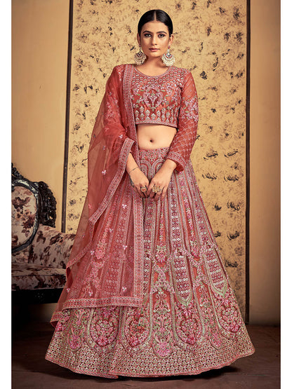 Myra Pink Taupe Soft Net Heavy Embroidered Designer Lehenga