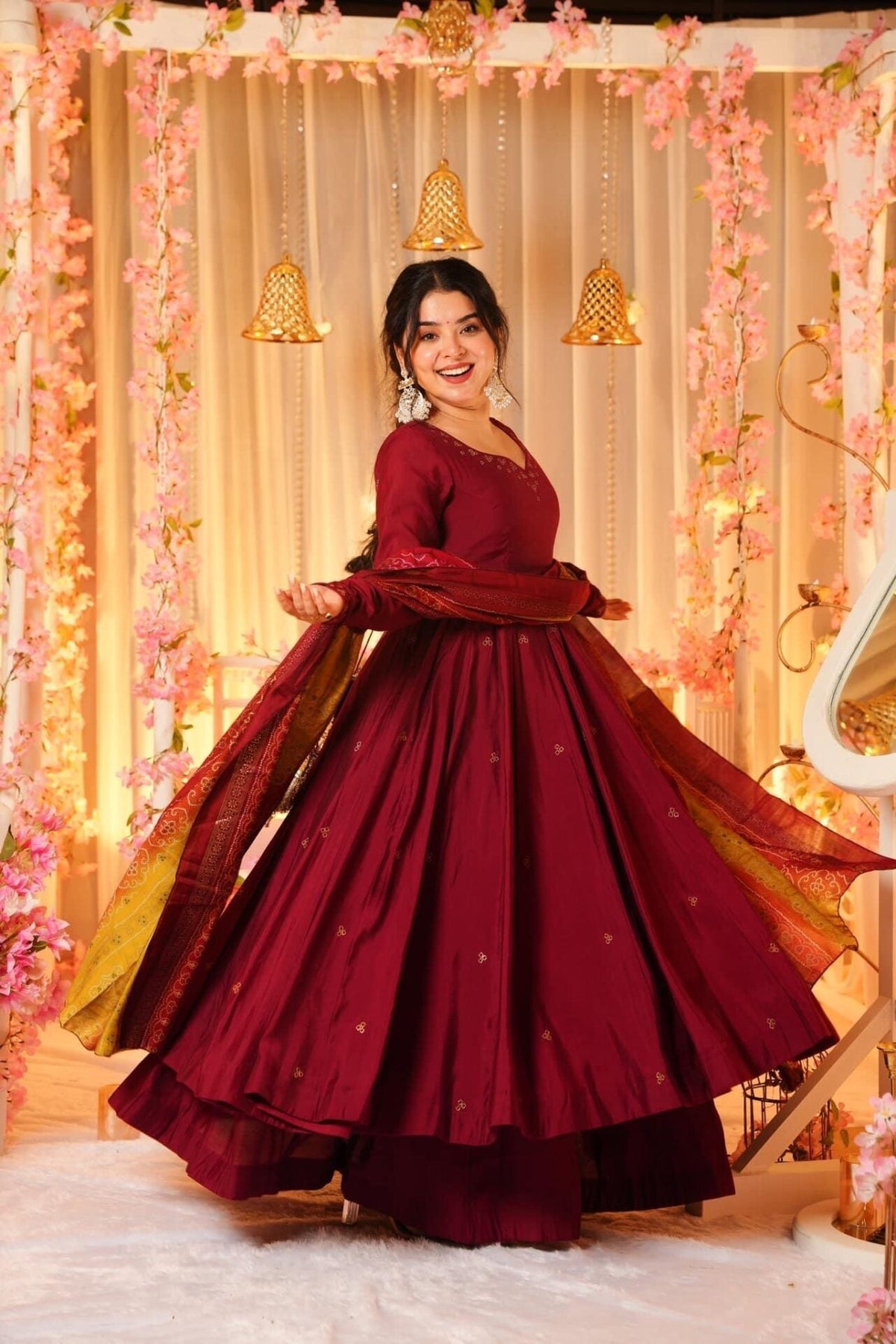 Yash Enterprise Festive Special Chinon Silk Partywear Designer Gown With Palazzo & Dupatta Set