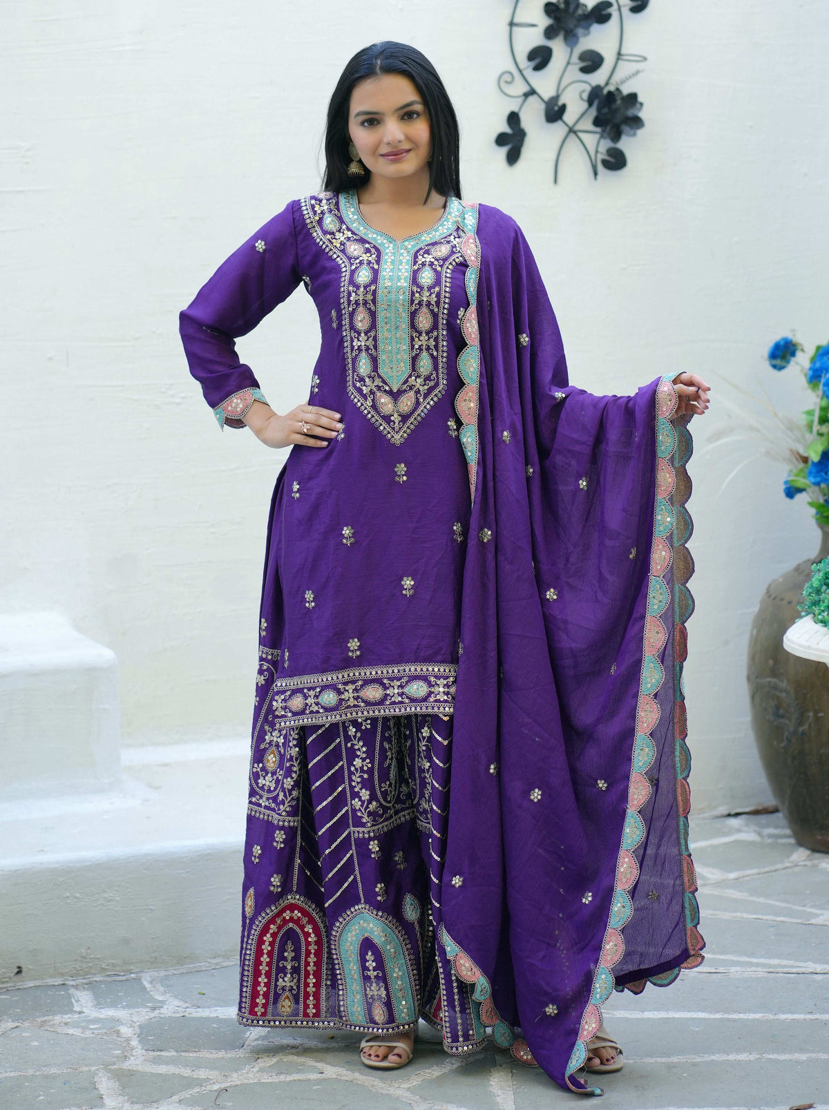 Yash Enterprise Embroidered Chinon With Sequence Blue Readymade Salwar Suit