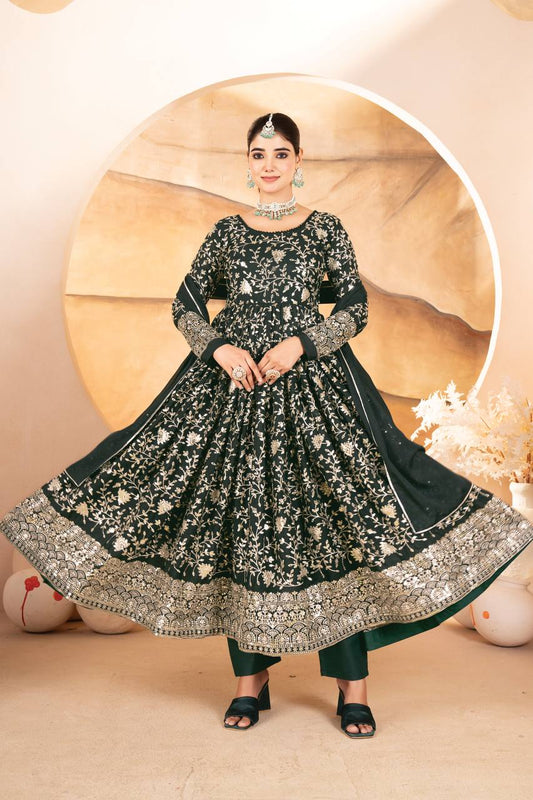 Yash Enterprise Dark Green Star Georgette Embroidered Suit Set