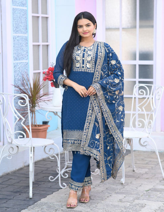 Yash Enterprise Alluring Fox Georgette Blue Embroidery Work Readymade Salwar Suit