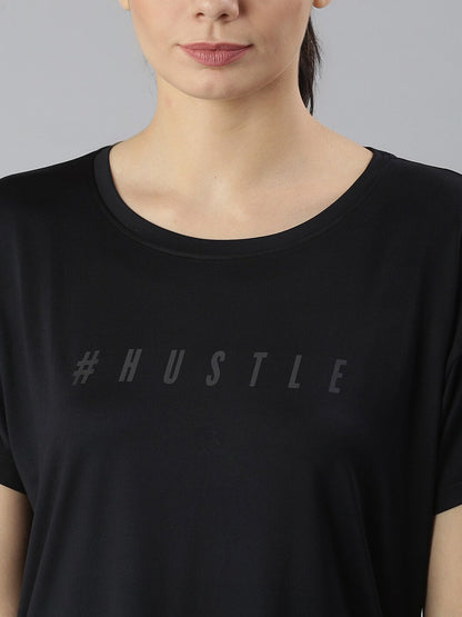 MKH Women Black Typography Printed Dri-FIT Sports T-shirt