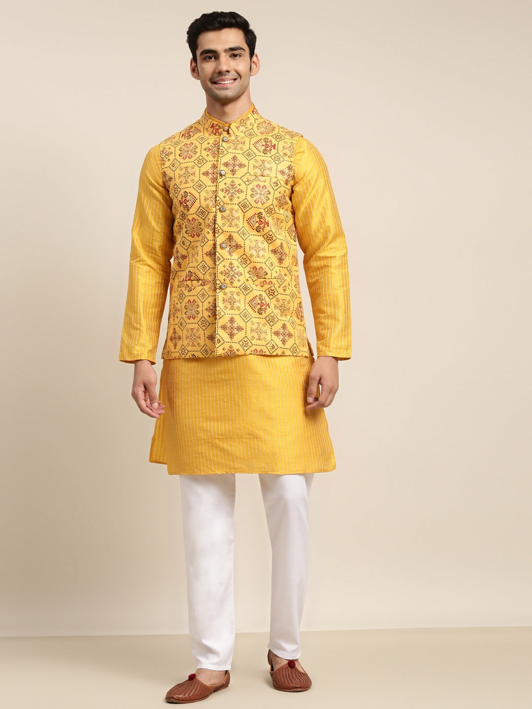 Sojanya Men Mustard Yellow Kurta with Churidar & Nehru Jacket